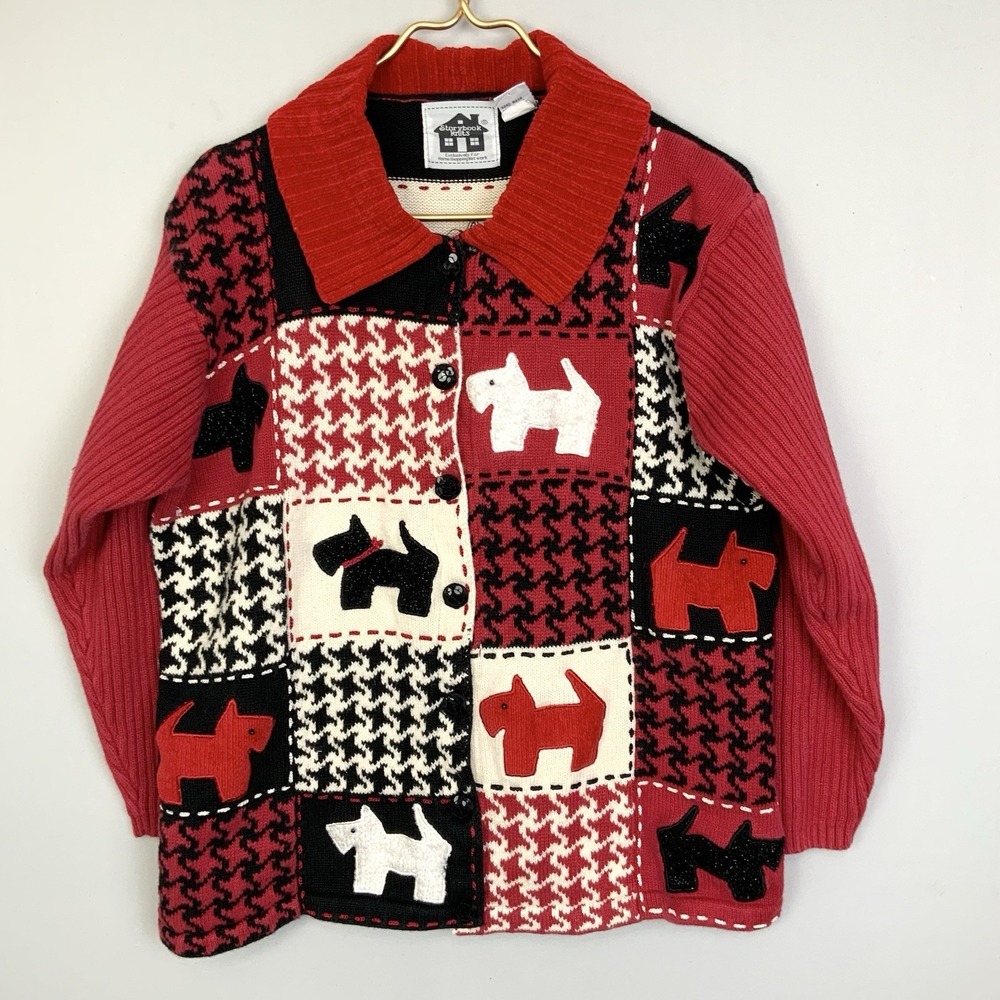 Vintage STORYBOOK KNITS Sz Large Scottie Dog Houndstooth Patchwork Cardigan
